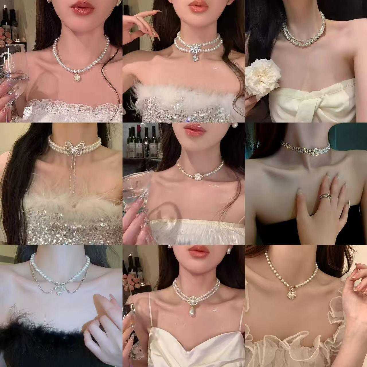 Sparkling Diamond Butterfly Pearl Necklace for Women, Ins Niche Retro Sweet Cool Spicy Girl Light Luxury Clavicle Chain New Accessory Wholesale