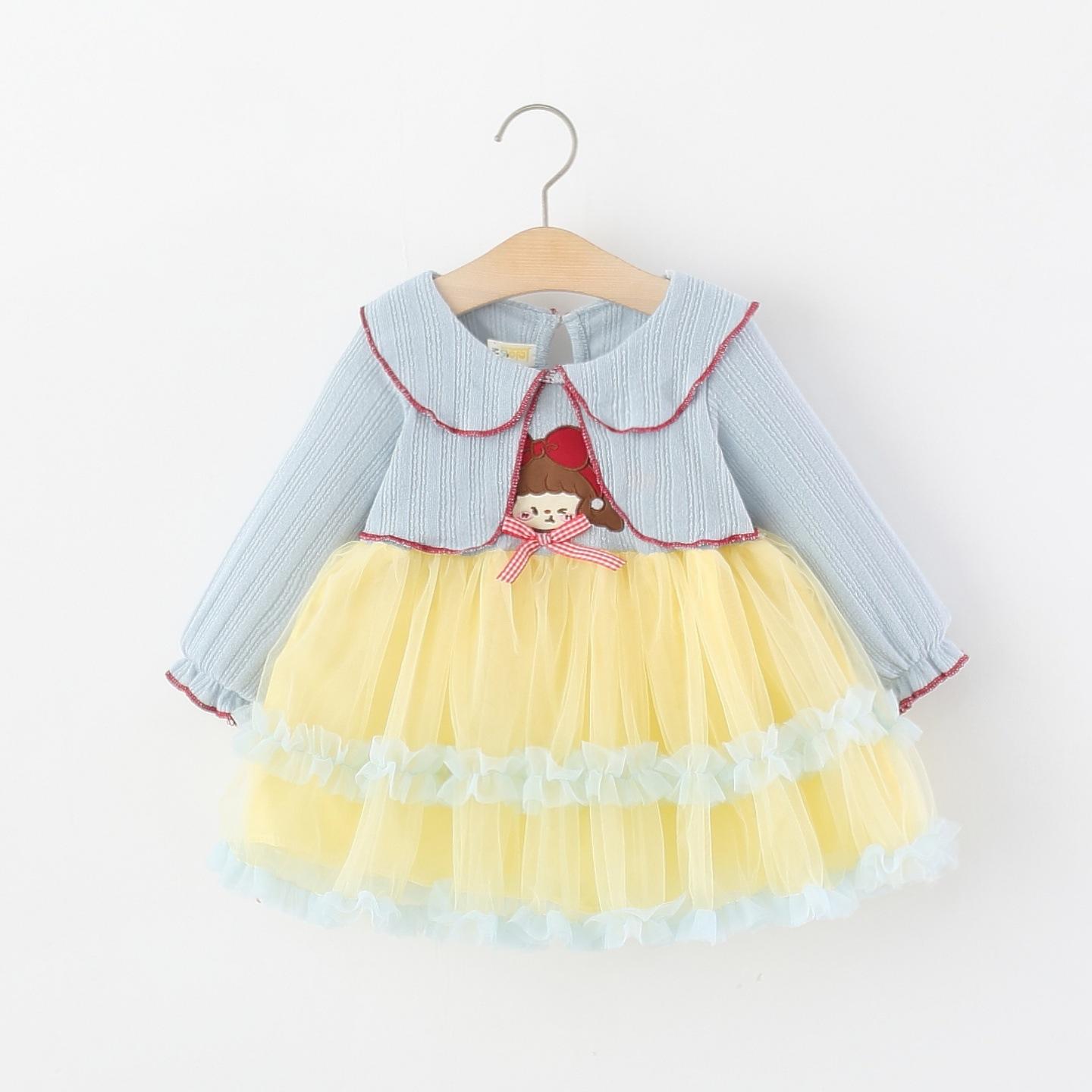 Children's clothing, girls' long-sleeved dress, spring and autumn, infant girls' cartoon faux two-piece fluffy tulle princess dress