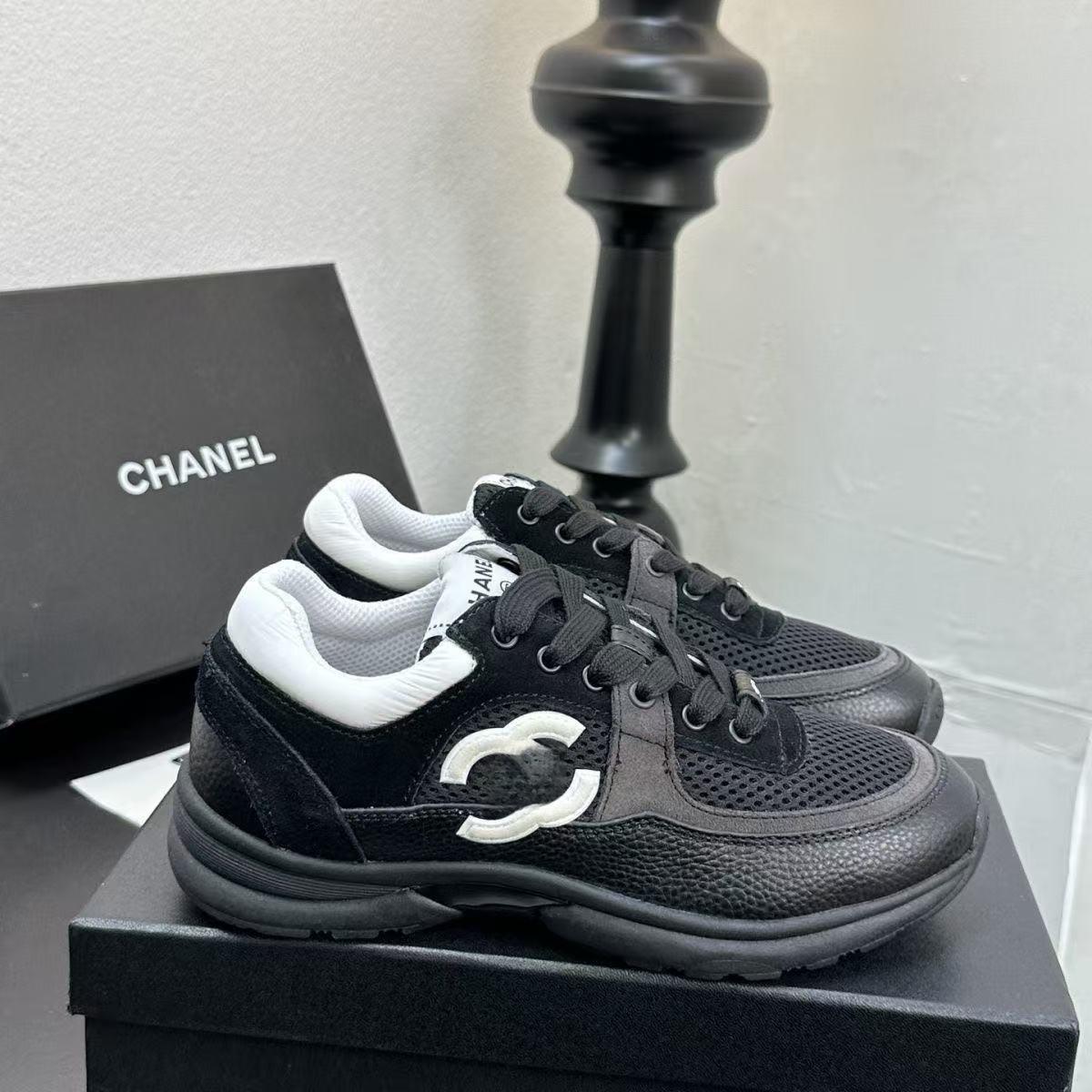 2025 New Style Chanel Sneakers, Genuine Leather, Thick-Soled, Casual, Breathable Mesh, Chunky Dad Shoes, Retro Panda Shoes