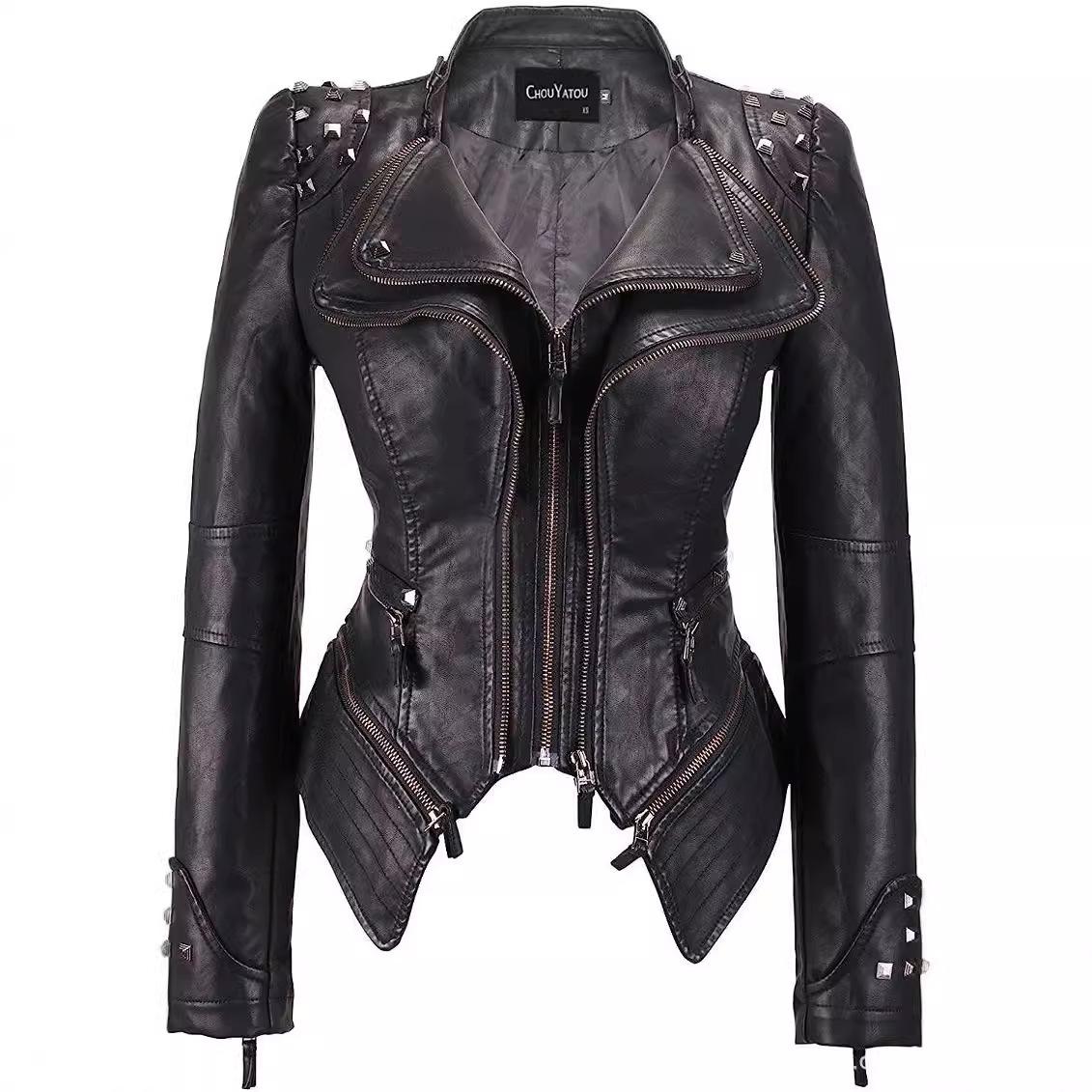 Pu Leather Jacket for Women, Short Style, Embroidered with Rivets, Waist-Cinching, Export Ready Stock