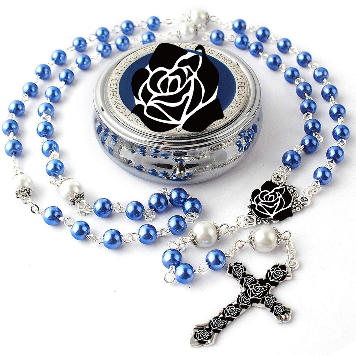 Cross-Border Royal Blue Pearl Long Necklace with Handmade Cross Pendant, Boxed Party Gift for Men and Women, Sweater Chain Wholesale