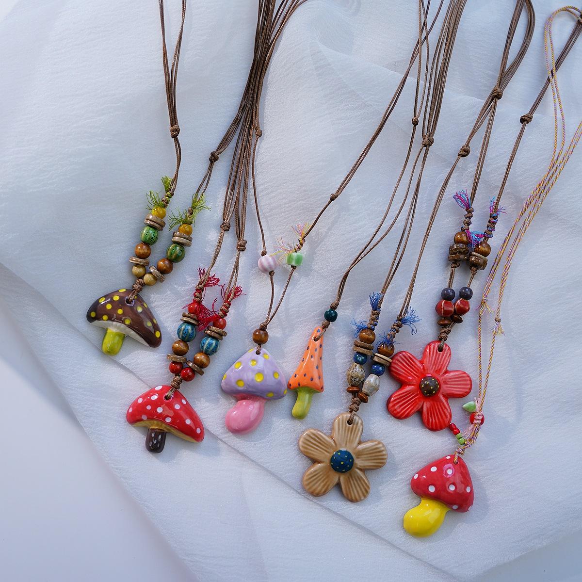 Autumn and Winter Hot-Selling Jingdezhen Ceramic Mushroom Necklace Accessories Women's Niche Design Cross-Border Necklace Jewelry Women's High-End