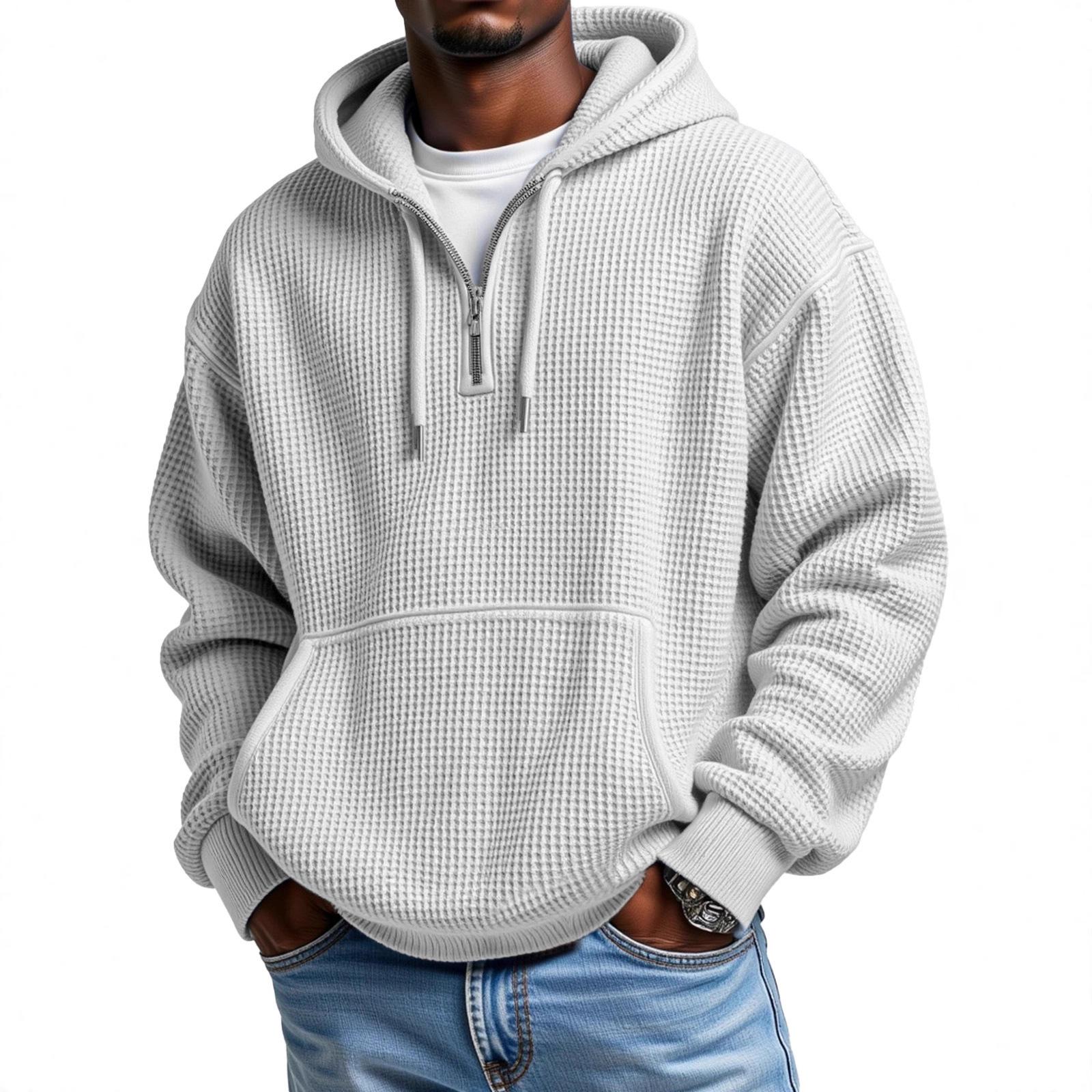 European and American Cross-Border Autumn and Winter New Casual Men's Half-Zip Hooded Sweatshirt Waffle-Style American Vintage Pullover