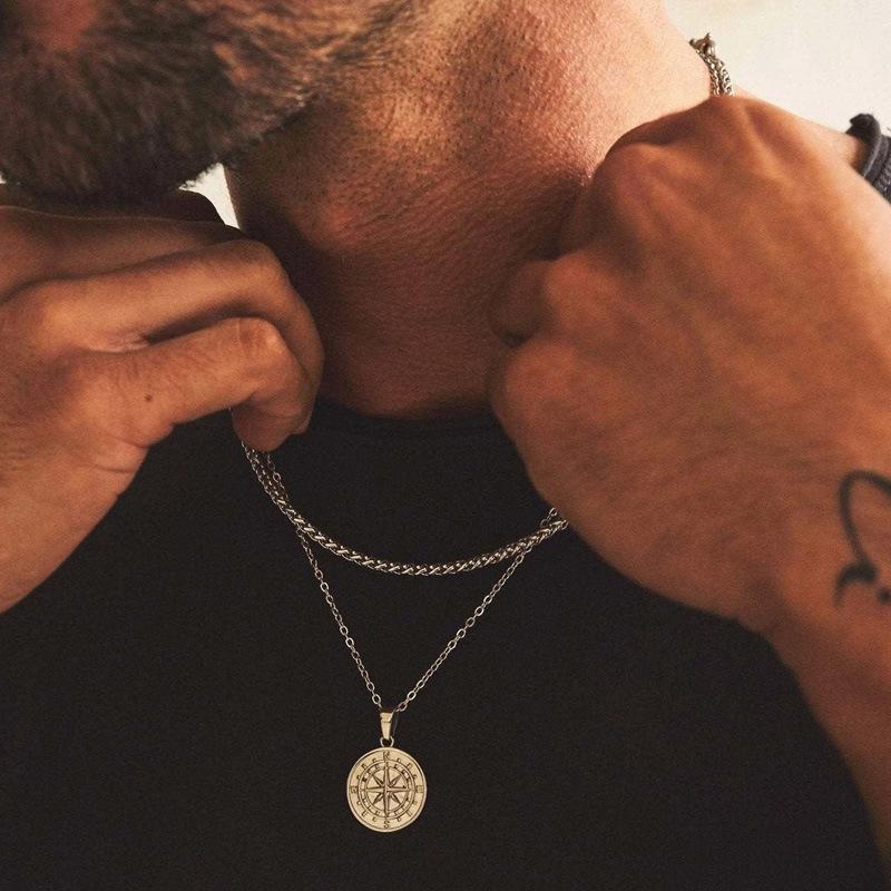 Compass Necklace Men's Hot-selling Travel Nautical Pendant Double-layer Chain Hip-hop European and American Cross-border Popular Accessories Jewelry