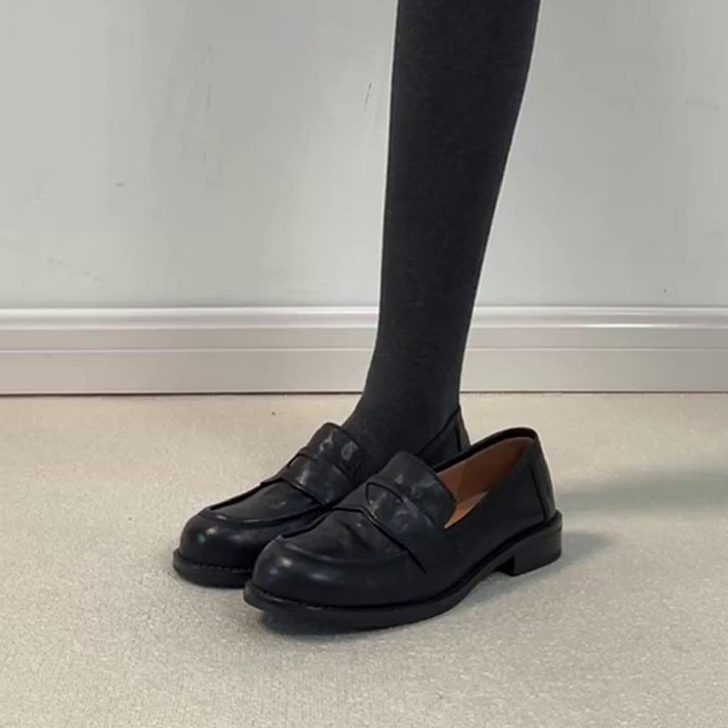 In Stock ~ Genuine Leather Retro Black Small Leather Shoes for Work Clothing Round-Toe Flats Shoes for Women Lazy One-Legged Preppy Loafers