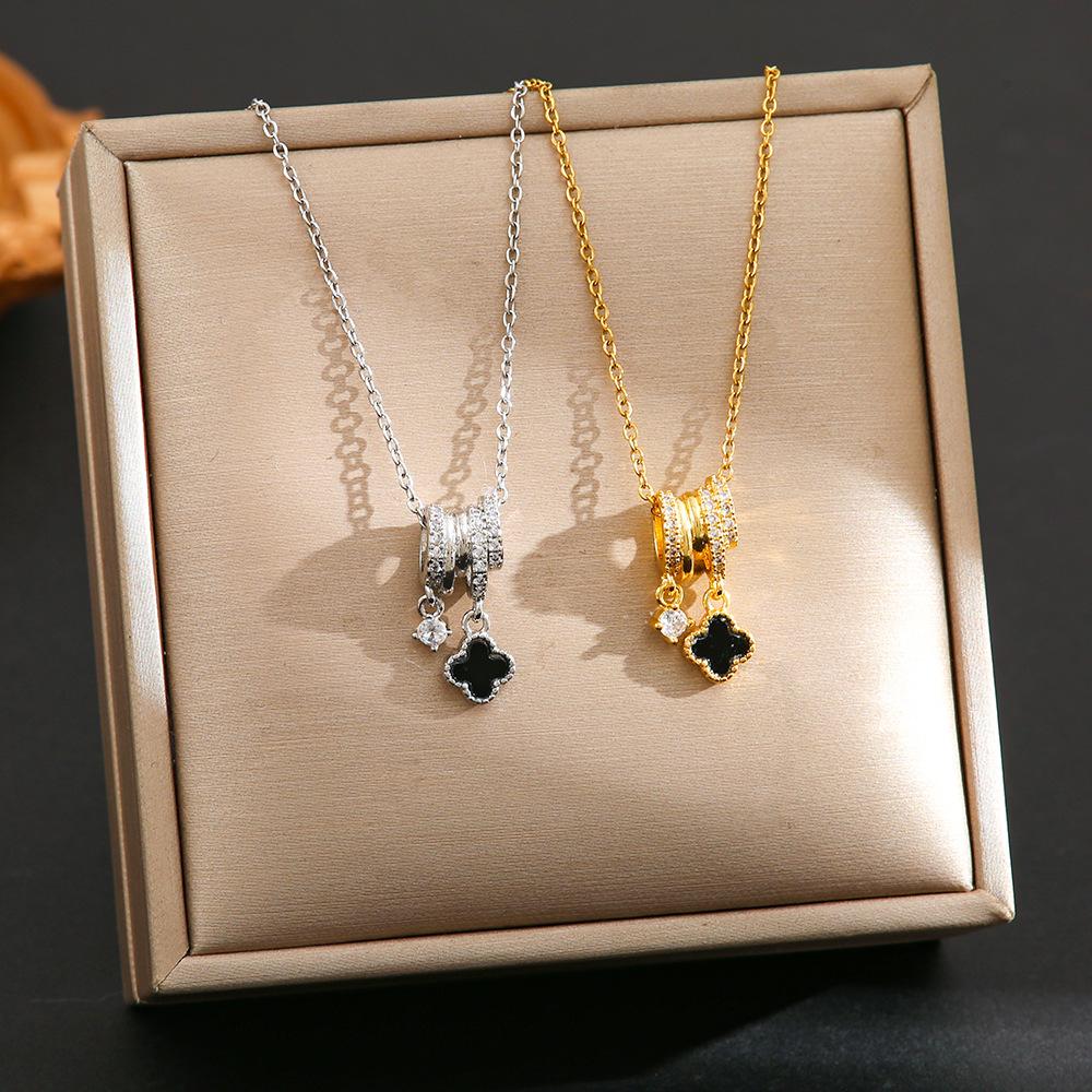 Cross-border Hot Sale Black Four-leaf Clover Pendant Necklace High-grade Light Luxury Simple All-match Micro-inlaid Zircon Titanium Steel Clavicle Chain