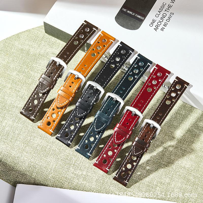 High-end vintage top-grain oil-wax leather watch strap suitable for 20MM multi-hole breathable quick-release pin buckle leather watch strap wholesale