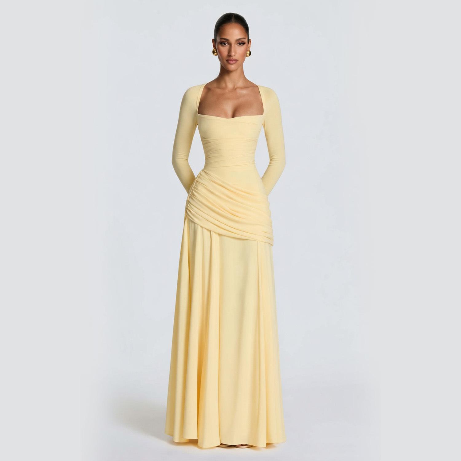 Amazon Independent Store 2026 European and American Style Autumn/Winter New Long-Sleeve Fashion Square Neck Pleated Solid Color Slim Dress