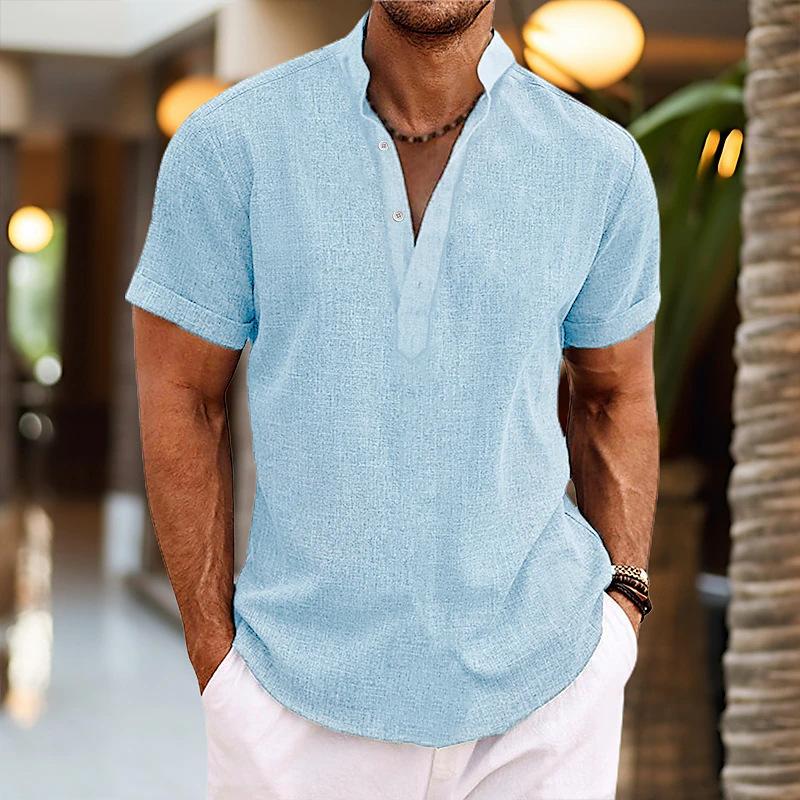 Cross-Border Supply Amazon Thin Men's Summer Simple Solid Color Short-Sleeved Shirt Youth Pullover Cotton and Linen Stand-Up Collar Shirt