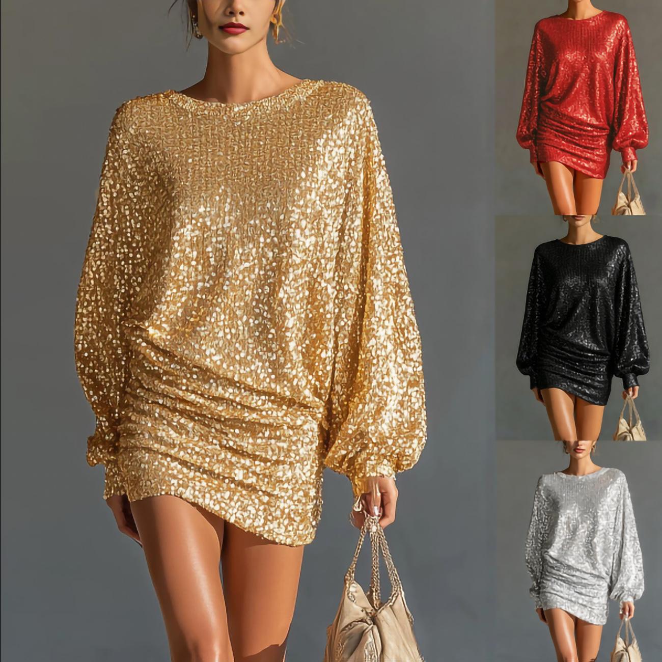 European and American cross-border foreign trade fashion glitter sequin evening dress with lantern sleeves, loose-fitting short long-sleeve dress