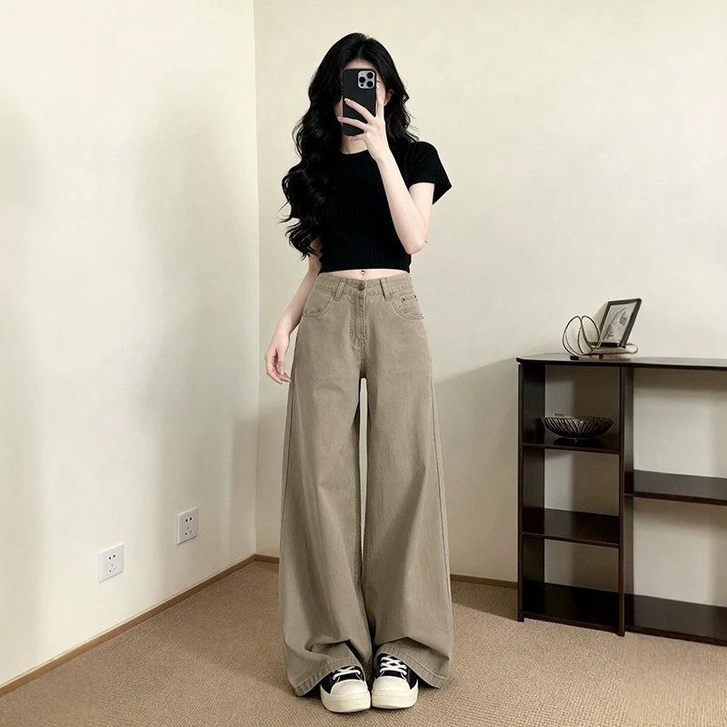 American-Style Khaki High-Waisted Wide-Leg Jeans for Women, Fall 2026, Slimming Loose Straight-Leg Drapey Floor-Length Pants