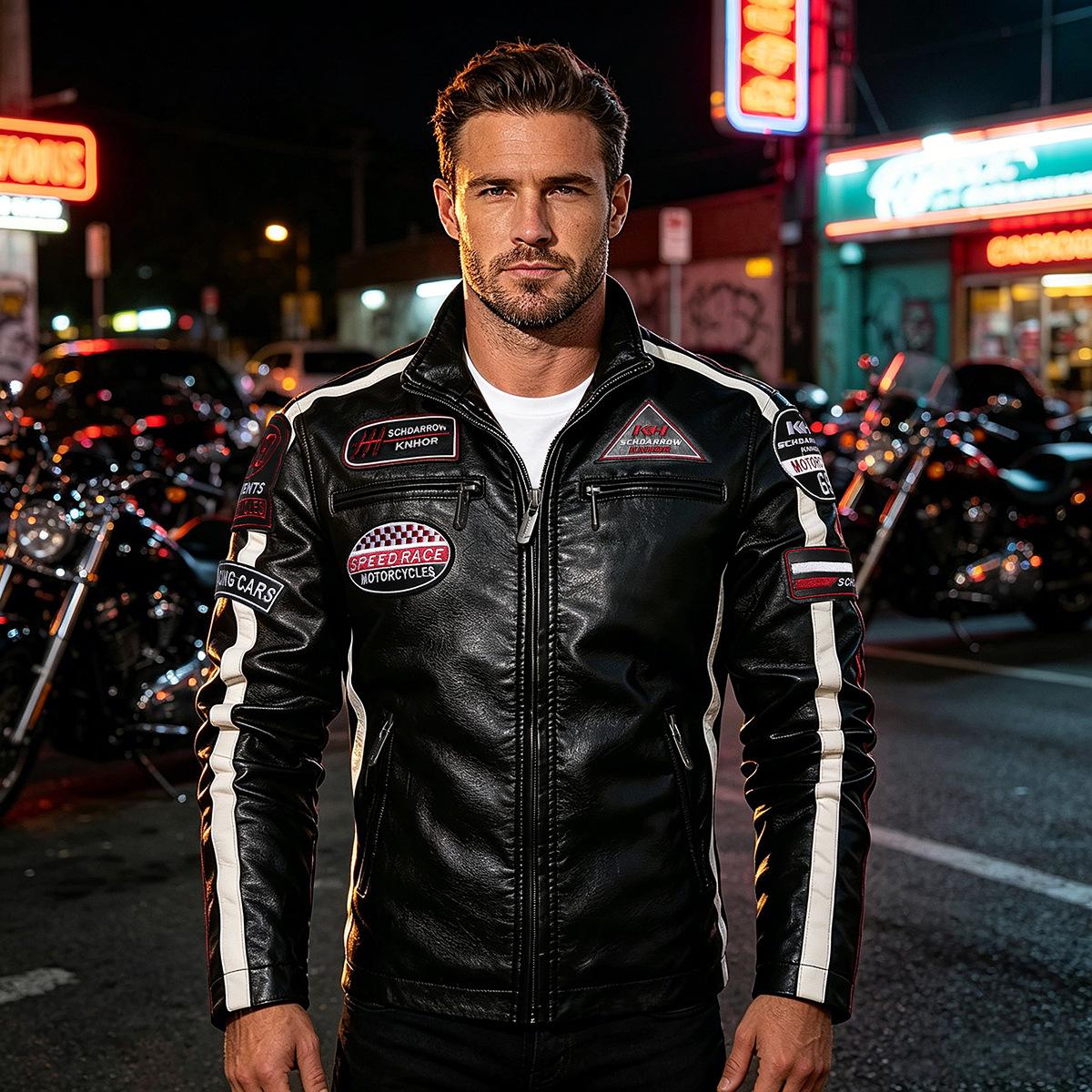 Autumn and winter men's European size PU leather jacket, motorcycle jacket, men's leather coat with fleece lining, multi-pocket embroidered riding leather jacket for men