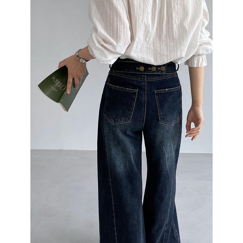 Jiangzuo Daily Essential: Women's Autumn Vintage Flared Jeans with Multiple Back Buckles, Double Patch Pockets, Slimming Long Pants 6605