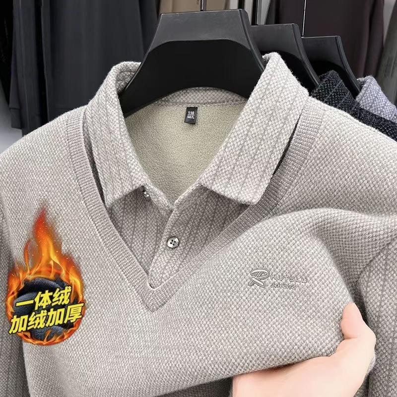Trendy Winter Sweater for Middle-Aged Men, Two-Piece Set with Shirt Collar, Fleece-Lined, Thickened, Warm Knitwear for Men