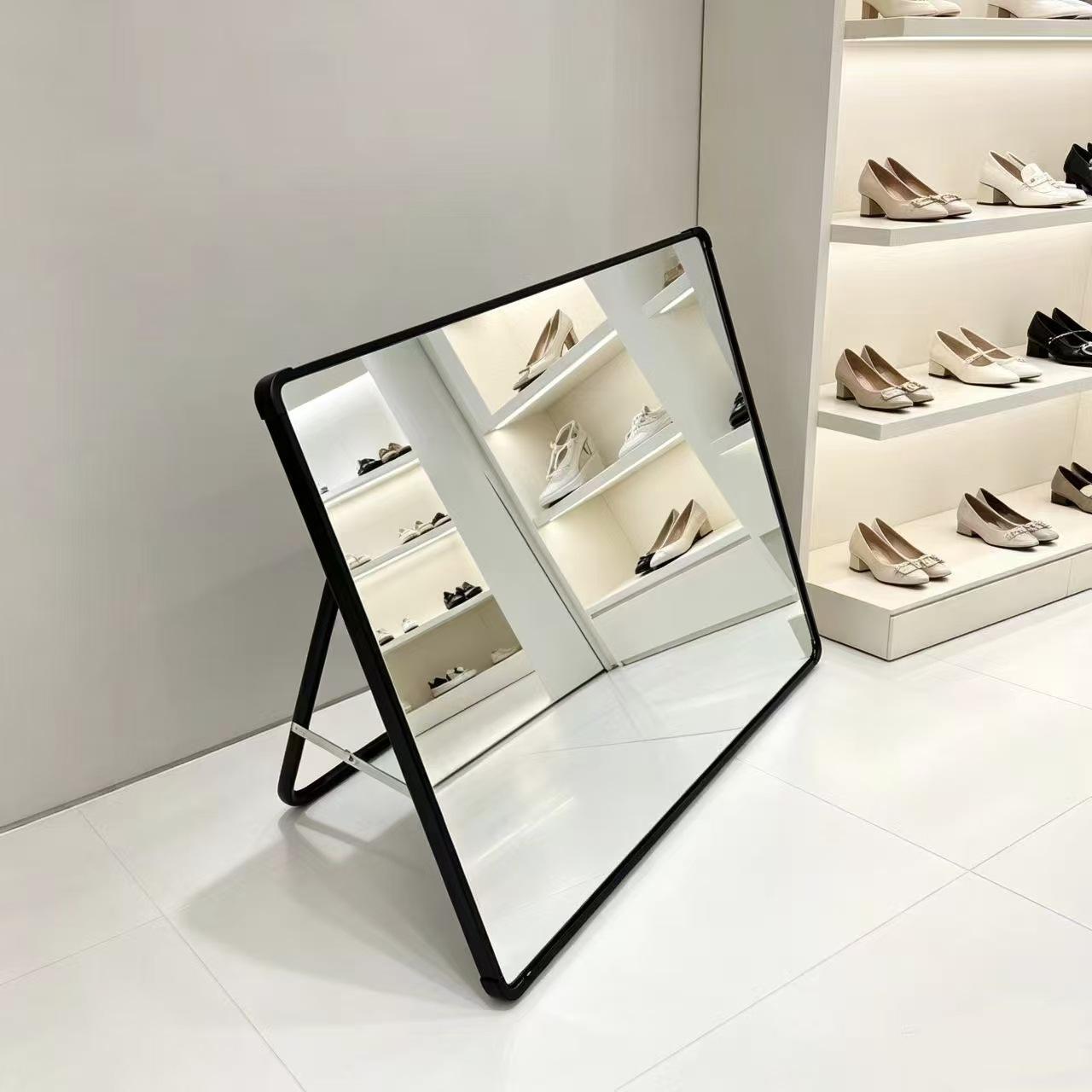 Shoe Fitting Mirror, Shoe Store Mirror Cabinet, Aluminum Alloy Frame, Floor-Standing Mirror for Changing Shoes, Makeup Mirror, Square Tabletop Folding Mirror