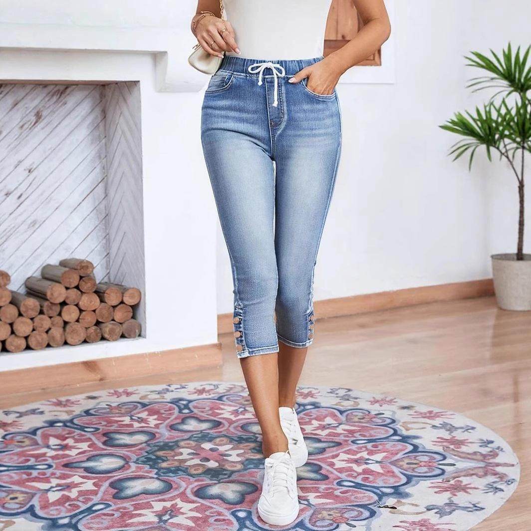Cross-Border Exclusive Supply for Amazon Independent Sites: European and American Women's Fashion Jeans, Elastic Waist Drawstring Stretch Jeans, Cropped Pants