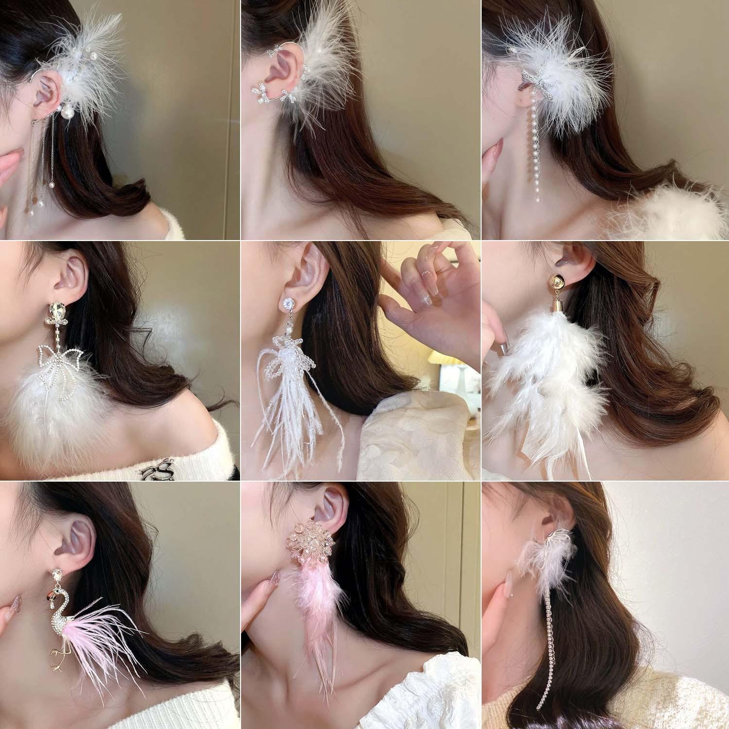 Super fairy bride feather tassel earrings fashion personality design sense eardrop temperament high sense trendy earrings wholesale