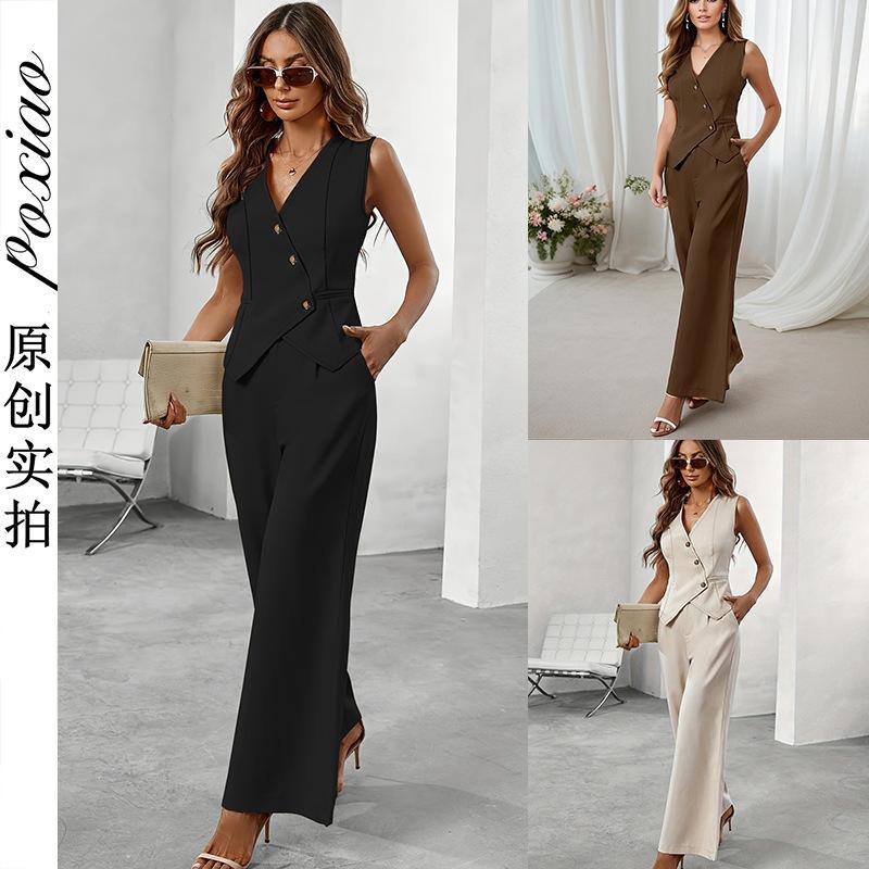 Cross-Border European and American Solid Color V-Neck Sleeveless High-Waisted Women's Pants Suit Commuting Button Set
