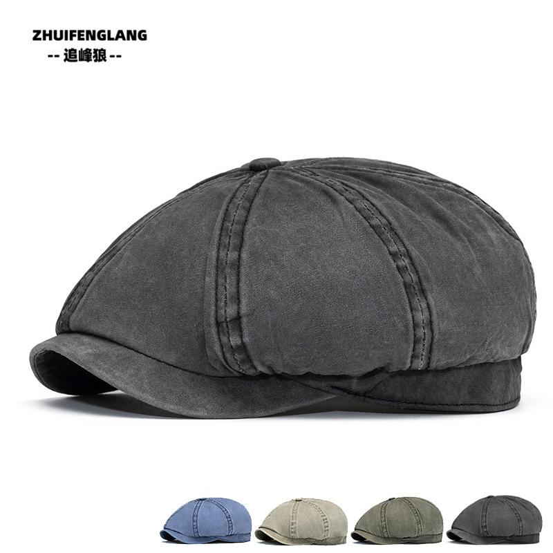 Spring and Summer Washed Pure Cotton Octagonal Hat Men's Large Head Peaked Cap Fully Sealed Painter Hat British Old Newsboy Hat
