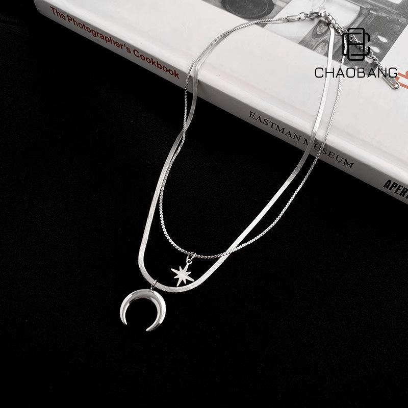 Mang Xing Moon Double Layer Titanium Steel Necklace Men's Simple Accessories Flat Snake Chain Niche Stacked Wear Design Sense European and American Style Jewelry