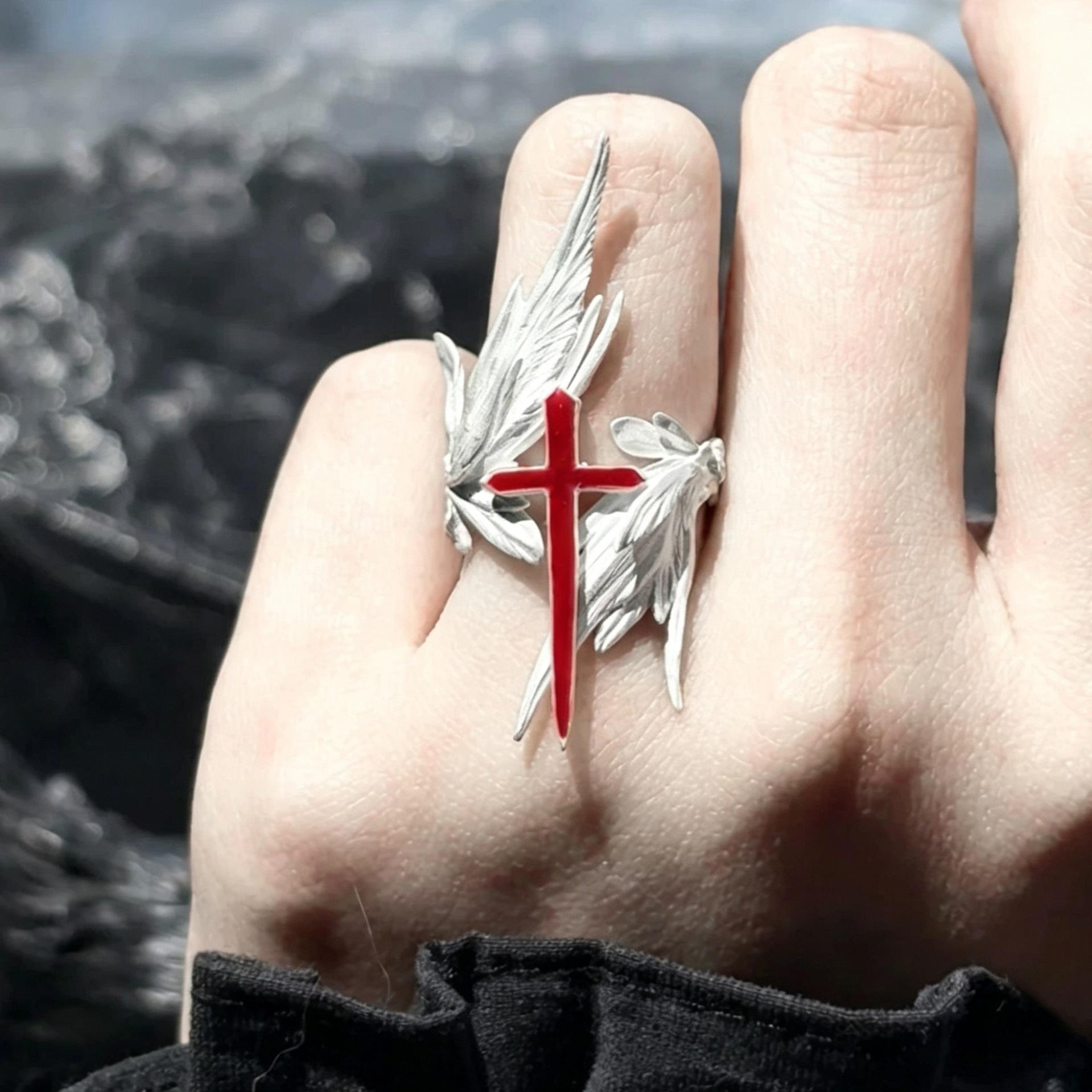 In-Stock Creative Free-Spirited Angel Wings Feather Cross Ring, Adjustable Open Design, Simple and Unique Wing Ring