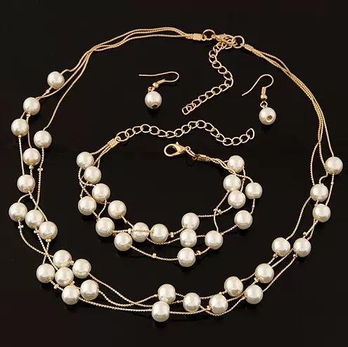 European and American Cross-border Jewelry Fashion Exaggerated Imitation Pearl Multi-layer Necklace Earrings Bracelet Jewelry suit Bridal Jewelry Women