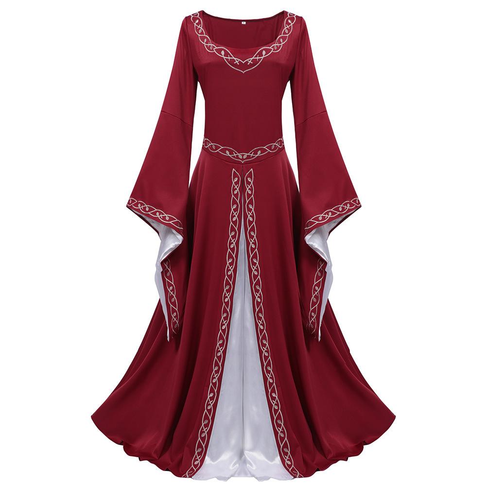 Court Party Bell-Sleeve Retro Medieval European Long Dress for Women Performance Color-Blocking Gown Dress
