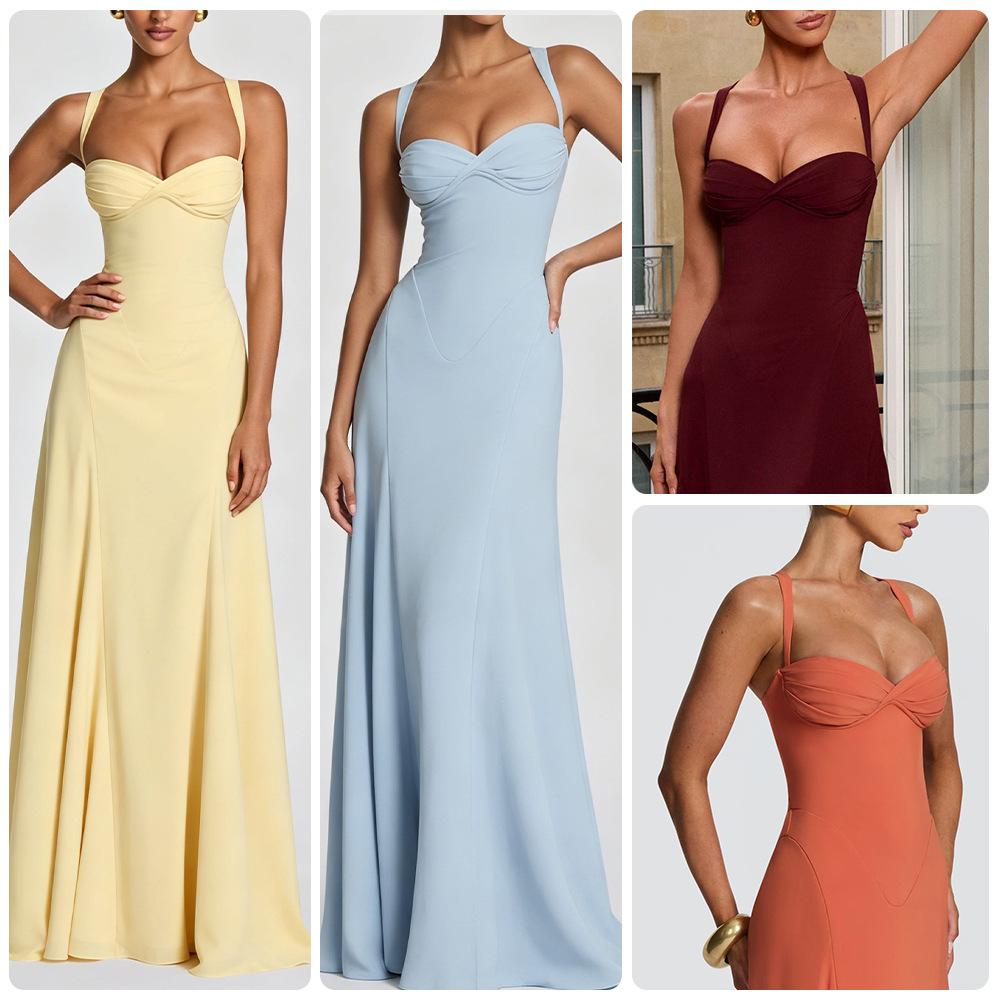 Amazon Foreign Trade 2026 European and American New Style Twisted Strapless Dress Slim-Fit Spaghetti Strap Long Dress for Banquets and Weddings