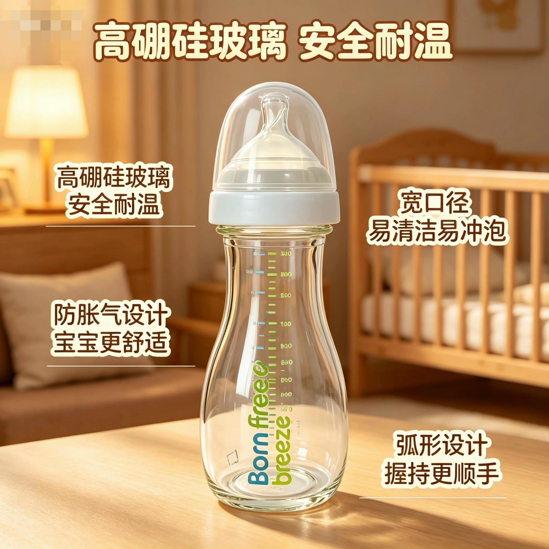 Anti-choking high borosilicate glass baby bottle 250ml wide neck anti-colic in stock