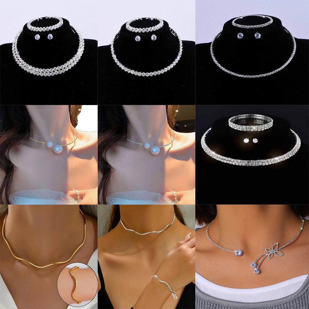 Foreign trade full diamond collar, European and American cross-border bridal rhinestone elastic bracelet, cubic zirconia earrings, and necklace three-piece set