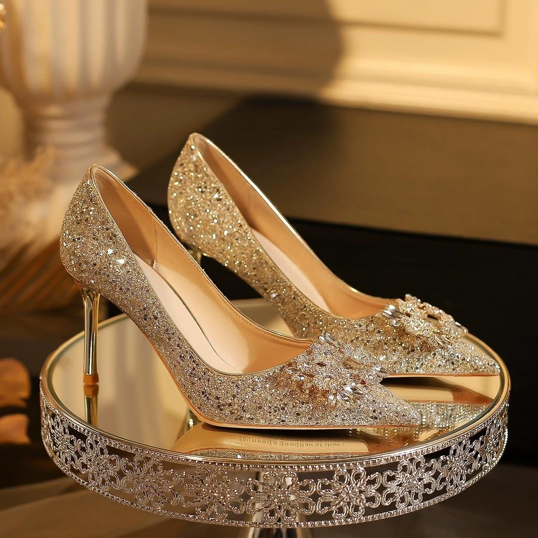 Wedding Shoes, Xiuhe Wedding Dress, Two-Way Wear Crystal Shoes, Bride's Shoes, Champagne Color High Heels, Comfortable for the Feet, Rhinestone, 2026 New Model