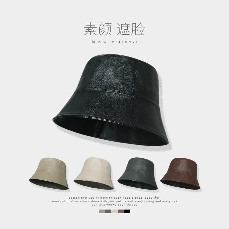 Niche High-end Fisherman Hat Women's Puleather Hat Black Autumn and Winter New Leather All-match Big Head Bucket Cap Leather