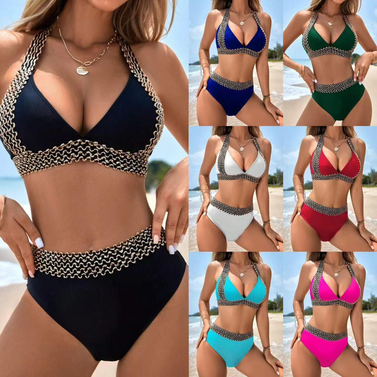 2026 European and American Swimwear Amazon Cross-Border Women's Two-Piece Tight-Fitting Solid Color Sexy Bikini High-Waisted Multi-Color Swimsuit