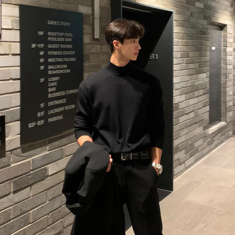 Autumn and Winter Solid Color Middle Collar Knitted Base Shirt Men's Korean-style Loose Casual Long-sleeved Interior High-end Semi-turtleneck Sweater