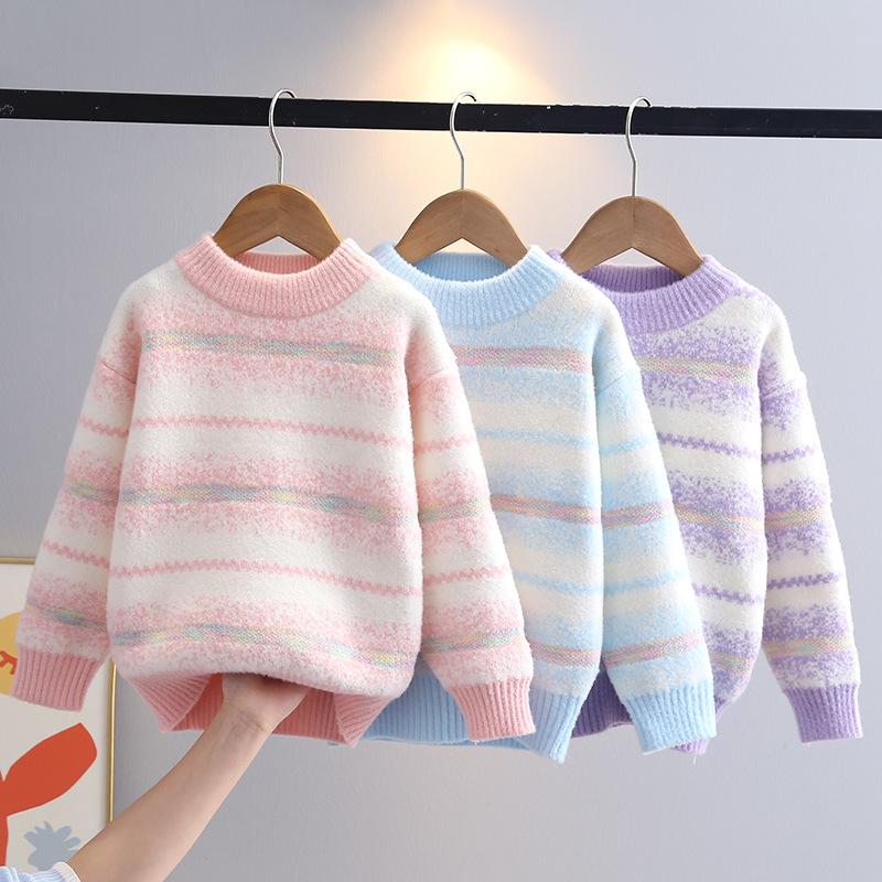Girls' Sweater Autumn and Winter New Fashionable Baby fleece-lined Top Autumn Children's Middle and Big Children's Knitted Base Shirt Trendy