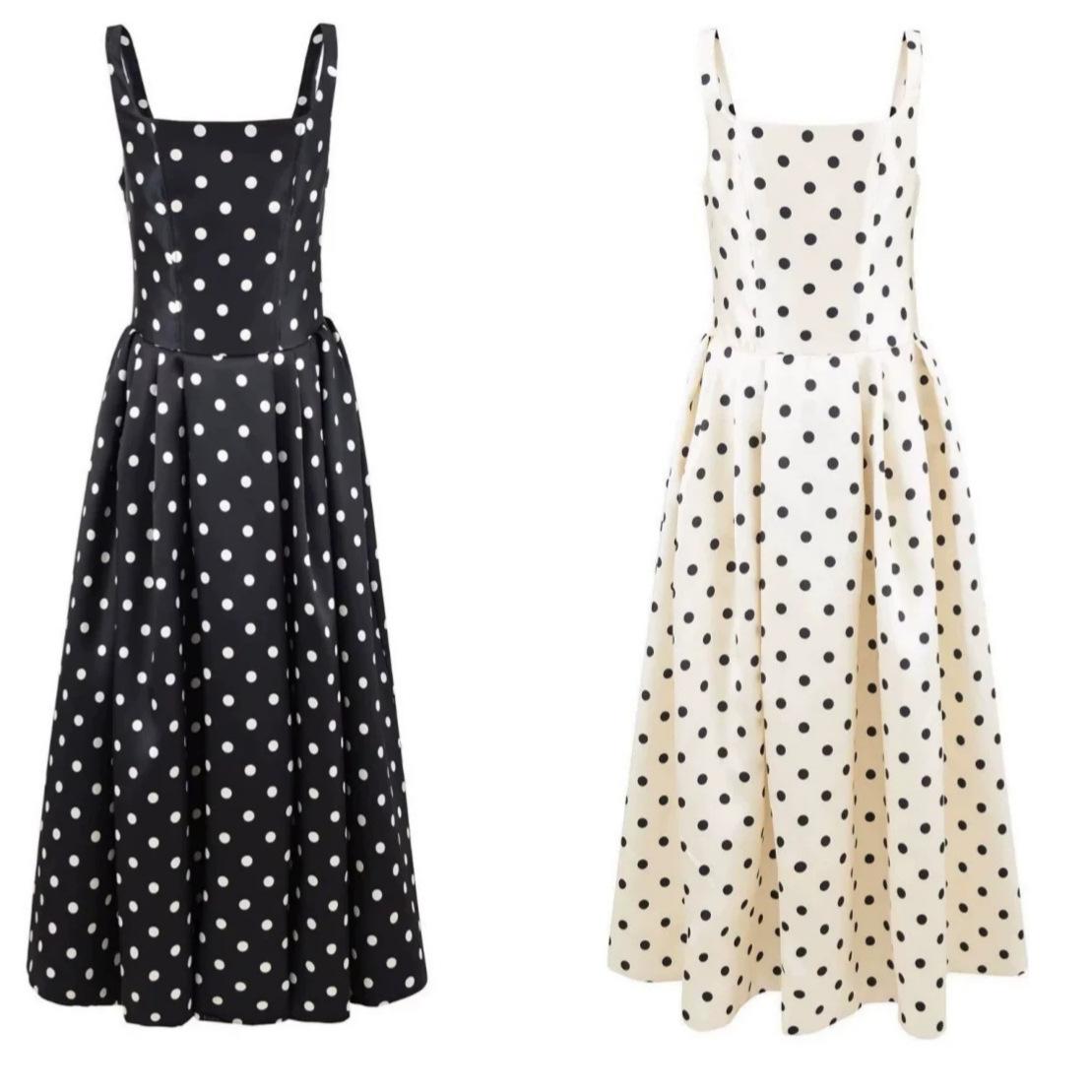 New Foreign Trade French Retro Hepburn-Style Square-Neck Elegant Waist-Cinching Polka Dot Strap Fashion High-End Dress