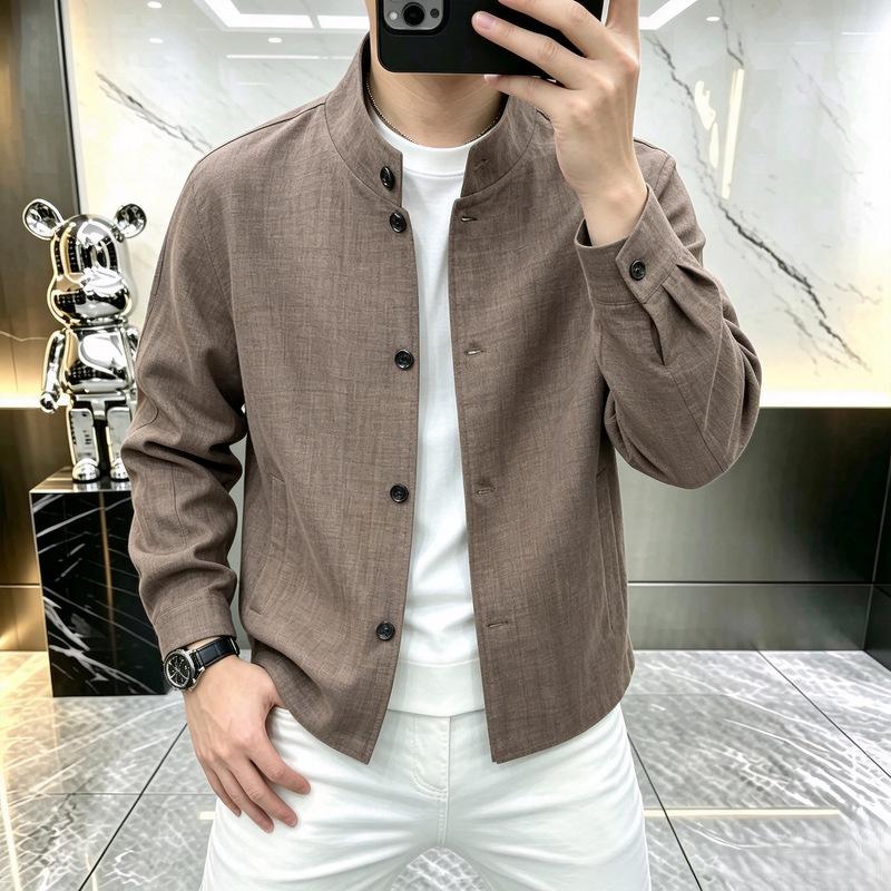 High-end men's spring and autumn faux-linen new Chinese-style stand-collar jacket, vintage trendy casual versatile workwear coat