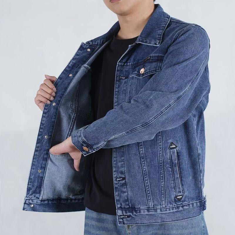 Spring Denim Jacket Men's Thick Loose Large Size Work Jacket Lapel Multi-Pocket Denim Top Men