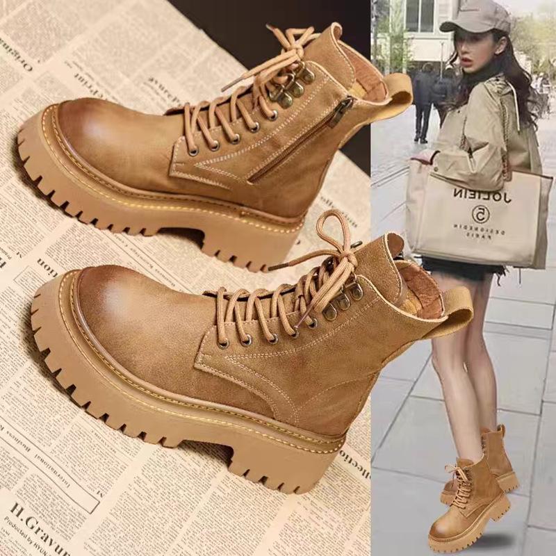 [Genuine Leather] Thick-Soled Martin Boots for Women, New Winter Style, Fleece-Lined and Thickened, British Style Women's Short Boots