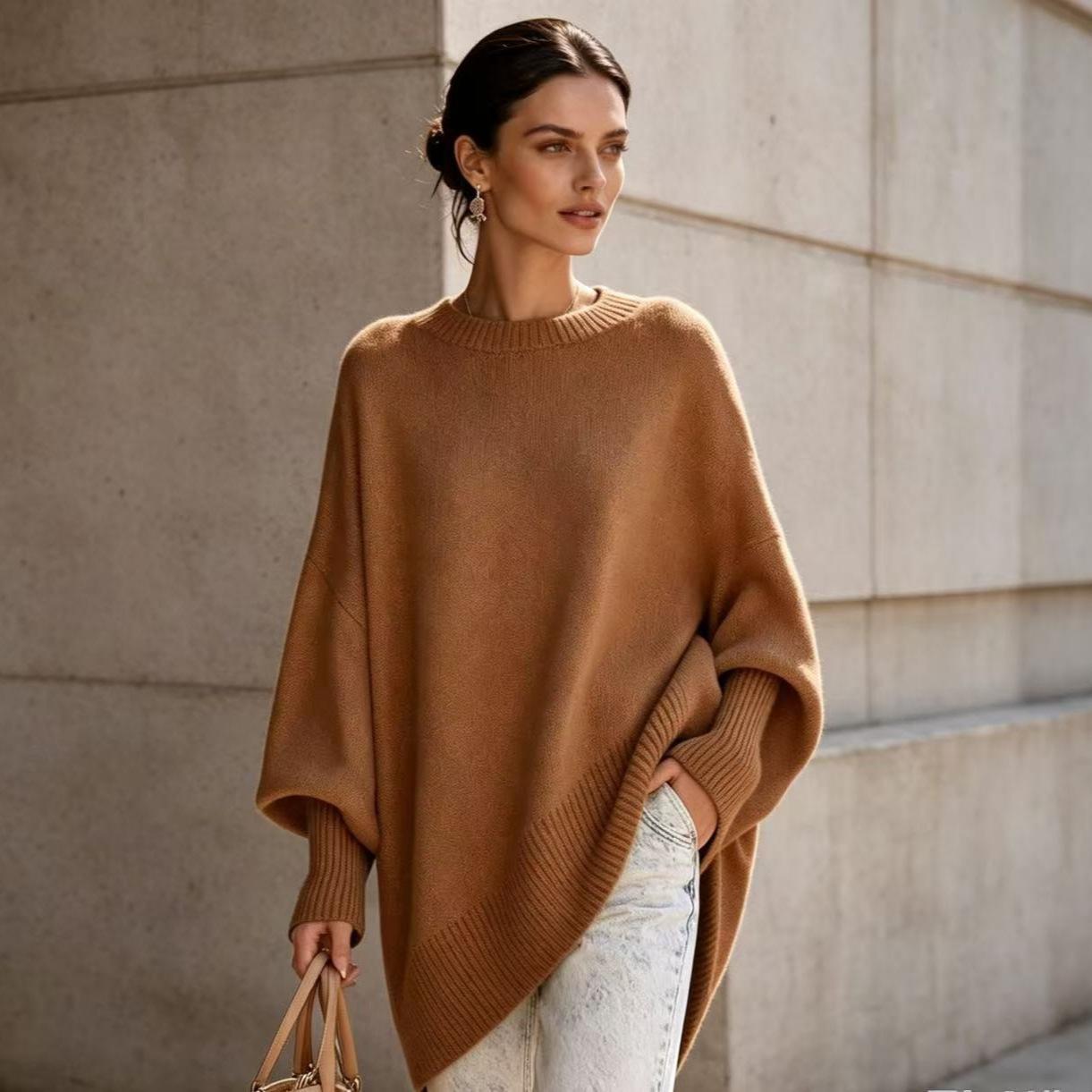 European and American cross-border 2026 autumn and winter round-neck pullover plus-size knit sweater, loose and casual style, solid color women's sweater