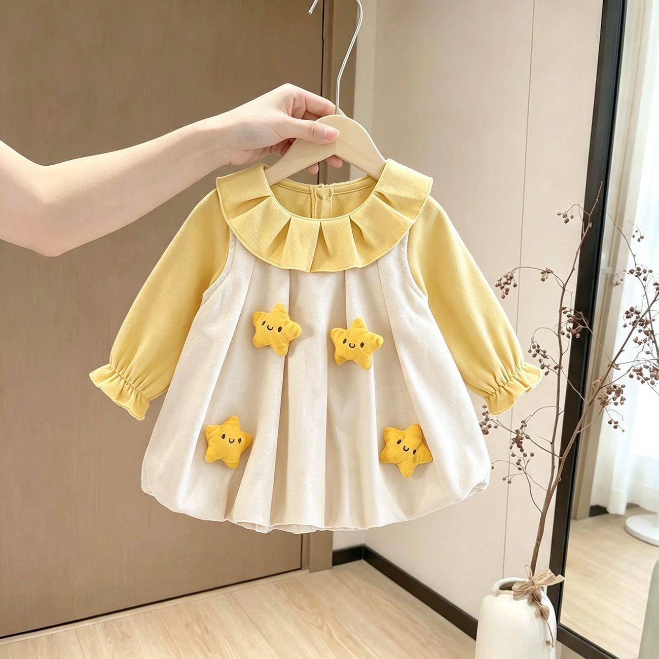 Baby girl's faux two-piece dress 2026 spring and autumn cute stylish top with tulip skirt, fashionable long-sleeved baby clothes