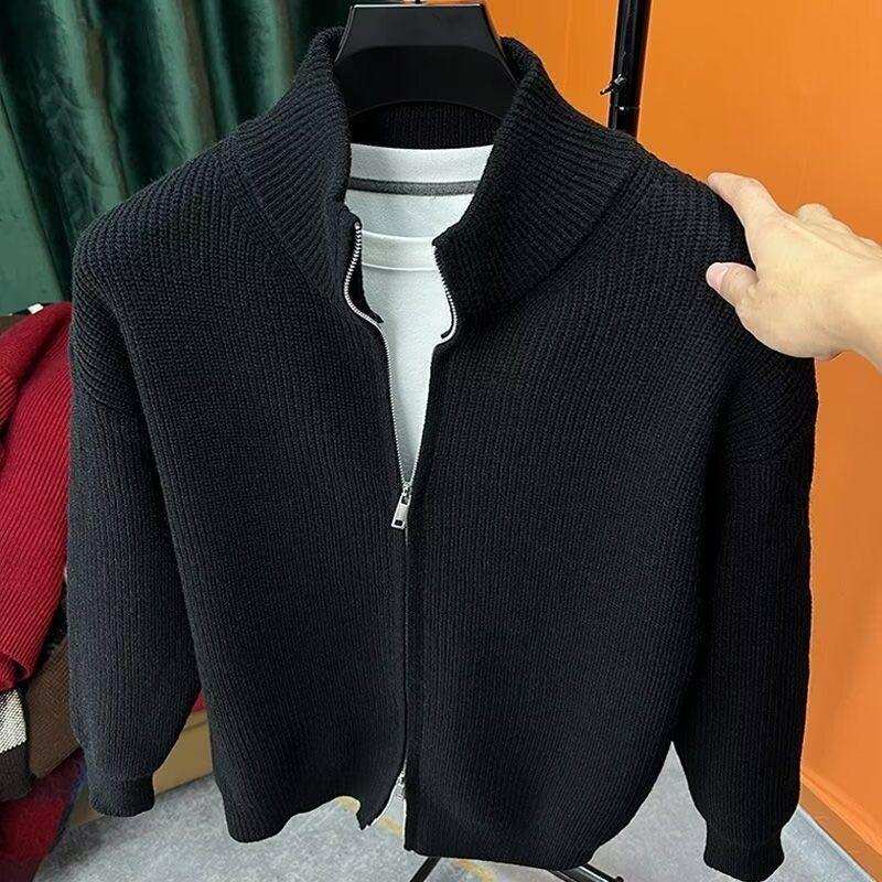 Versatile Solid Color Zipper Cardigan Men's Knit Sweater Autumn and Winter Popular Slim-Fit Sweater Jacket Men's Stand Collar Half-High Outerwear