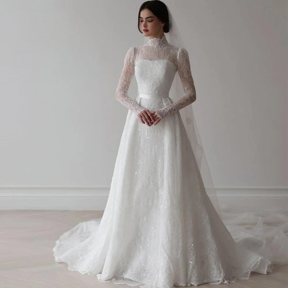 Amazon Cross-Border High-End Bridal Wedding Dress with Long Sleeves, Sequins, and a Luxurious Lace Small Train, Slim-Fit Gown
