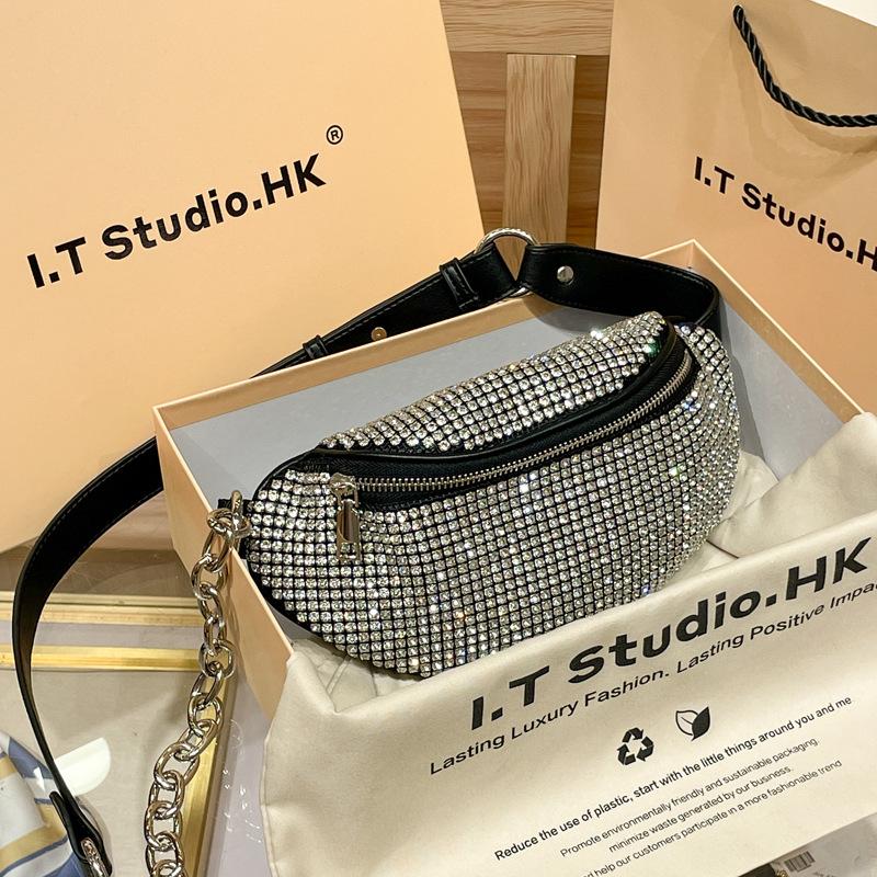 Aw Bag 2024 Rhinestone Bag Waist Bag Chain Studded Chest Bag Diamond Shoulder Crossbody Bag Simple Urban Style