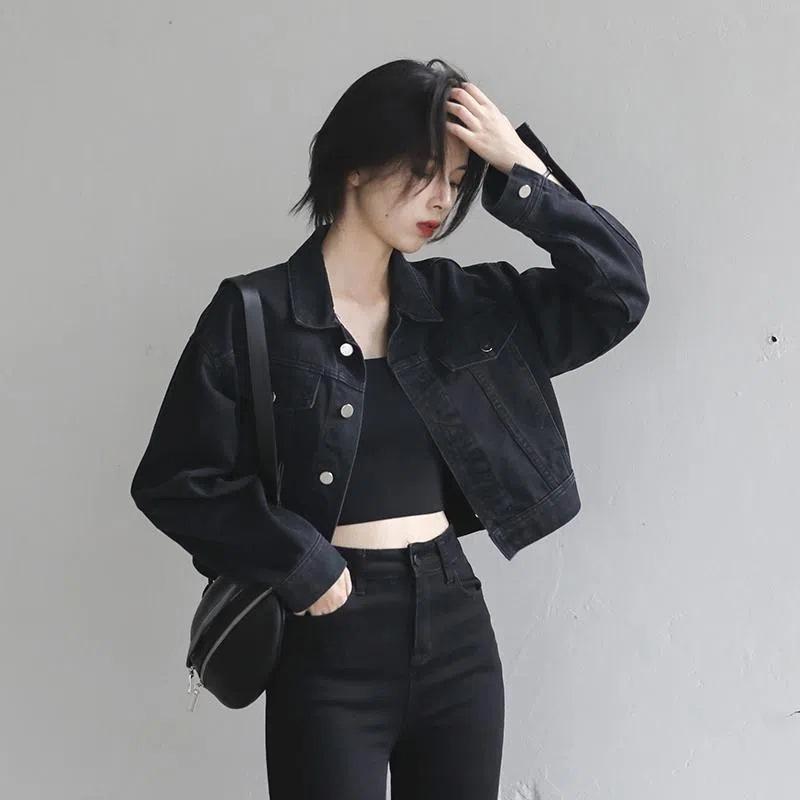 Wholesale cross-border early spring retro street loose black short Denim coat women's all-match jacket long-sleeved top