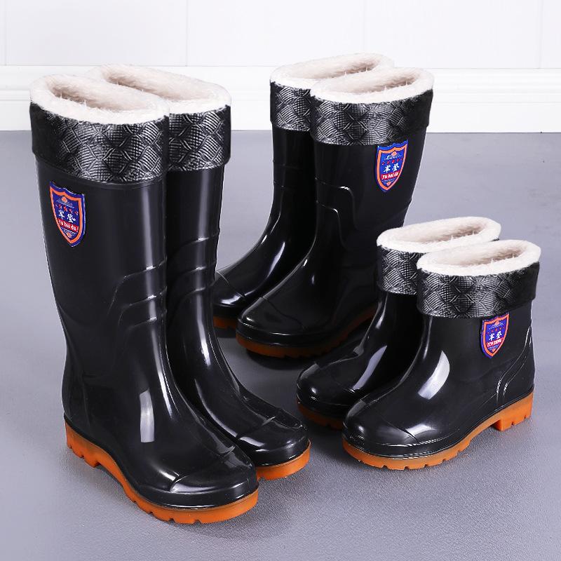 Jundeng Beef Shoes Men's Thick-soled High Water Shoes fleece-lined Rubber Shoes Rain Boots Short Water Boots Kitchen Non-slip overshoes
