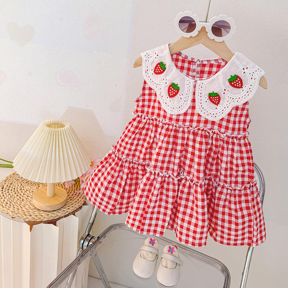 Children's Clothing Girls Dress Summer Baby Girl Baby Strawberry Doll Collar Plaid Fashion Princess Skirt Fashionable