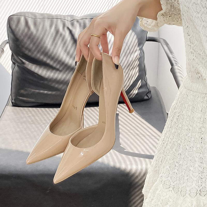 2026 New Model Red Sole Pointed Toe Side Hollow Sexy Nude High Heels for Women, Gorgeous Thin Heel Elegant Black Patent Leather Pumps