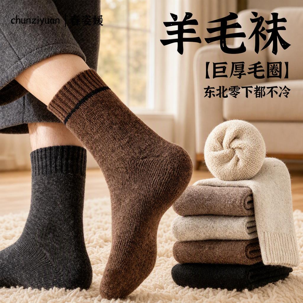 Merino Wool Socks for Men and Women, Autumn and Winter Warm Men's Mid-Calf Socks, Fleece-Lined and Thickened, Northeast Cashmere Long Socks