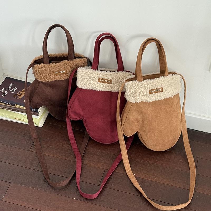 Korean-style plush gloves, double-sided crossbody bag, winter collection, New Year's and Christmas-themed, parent-child tote bag
